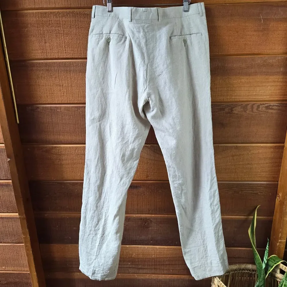 Nordstrom Men's Linen Pants 36W Flat Front Dress Trousers Beige Lightweight